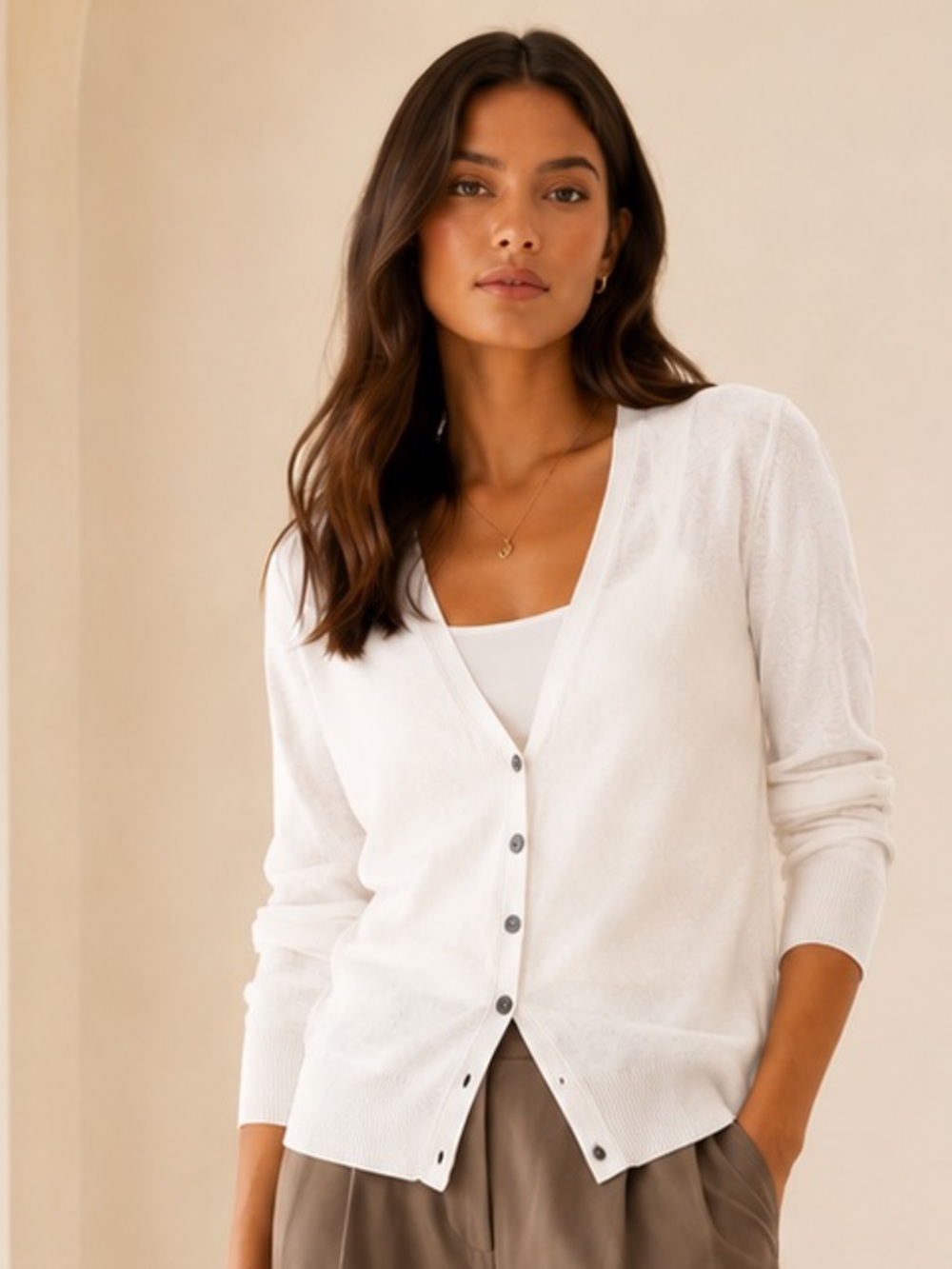 Banana Republic Luxe Blend Cardigan Silk Cashmere Pointelle White Sz MP